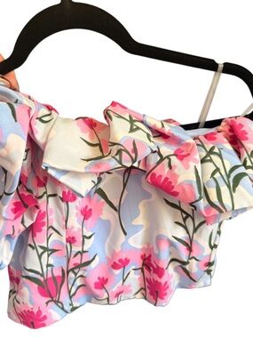 Floral Ruffle strapless Crop Top - Pink/White blue